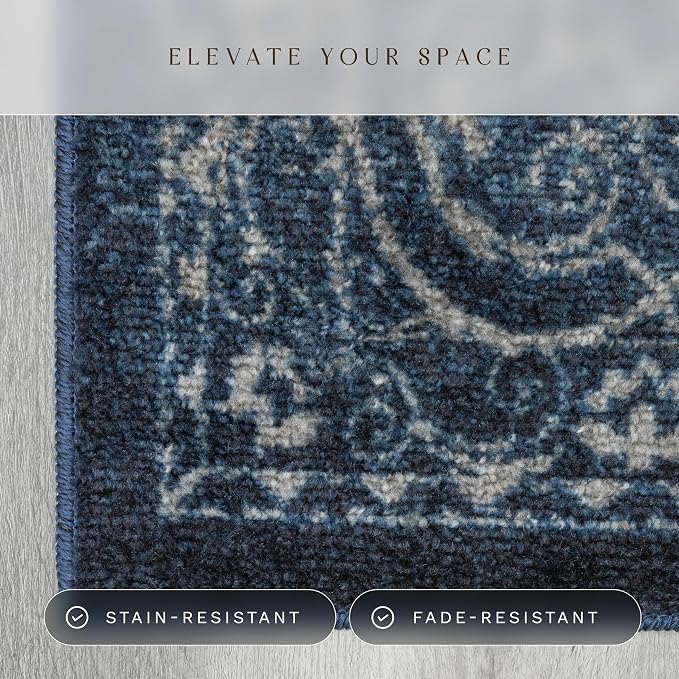 Maples Rugs Pelham Vintage Medallion Area Rugs - Made in USA - Washable, Non-Slip, Low Profile Indoor Rug for Entryway, Foyer, Kitchen, and Bathroom, 2'6 x 3'10, Navy/Grey