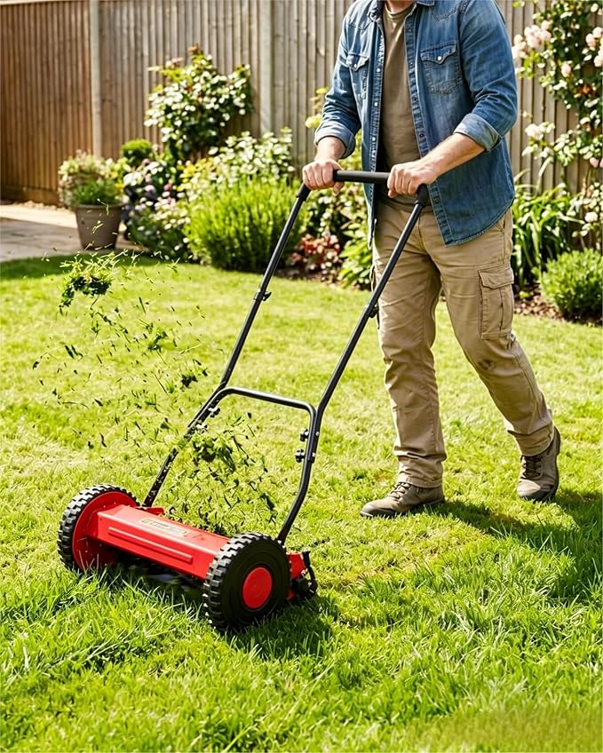 Eco-Friendly Quiet Hand Push Lawn Mower – 16-Inch 5-Blade | Lightweight, Easy Assembly – Ideal for Small to Medium Yards – Red