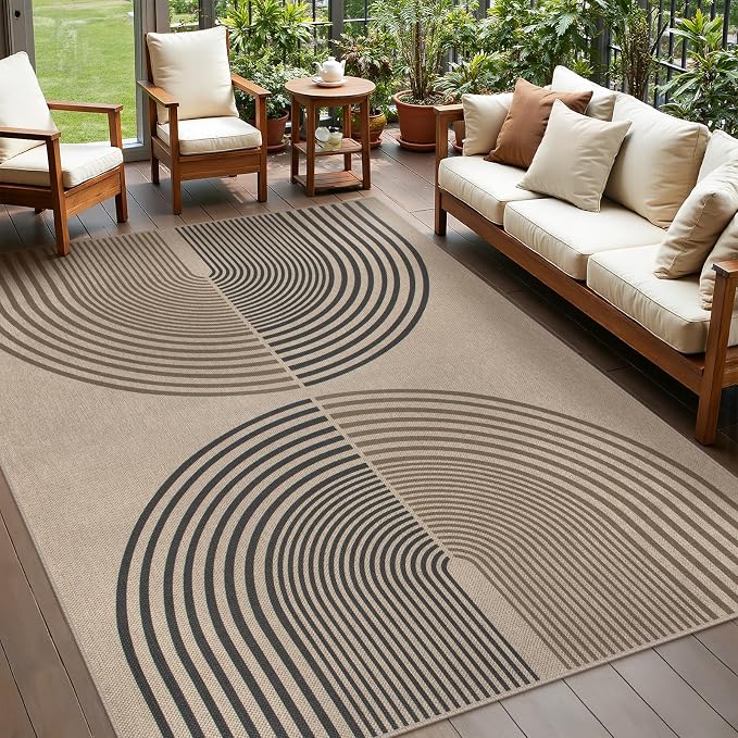 Rugalia Easy Jute 5x7 Outdoor Patio Rug, Washable Modern Boho Rugs for Living Room, Non-Slip Farmhouse Rainbow Outdoor Mat Neutral Abstract Floor Carpet for Patio Dining Room Backyard