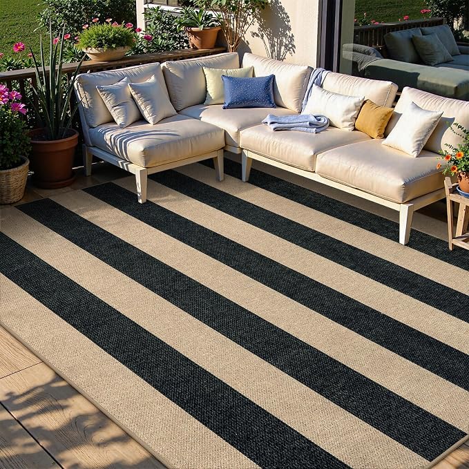 Lahome Striped Easy Jute Dining Room Rug, 6x9 Outdoor Area Rugs Washable | Porch Patio Living Room Rug Black, Modern Farmhouse Neutral Non Slip Low Pile Indoor Carpet for Bedroom Office Backyard