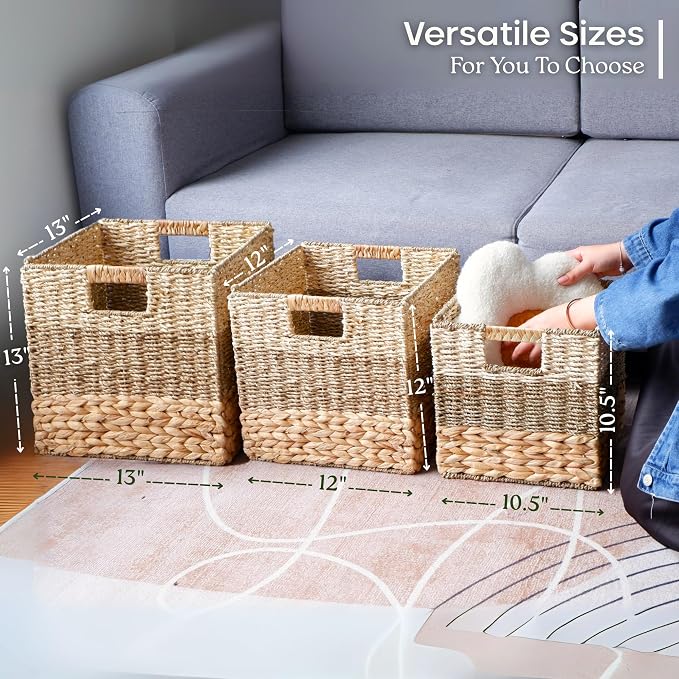 CHI AN HOME 12x12 Baskets for Cube Storage, Wicker Cube Storage Bins Set 4 | 12x12x12 Storage Bins, Foldable Square Baskets For Cube Shelves, Kallax Woven Bins, Versatile Storage, Natural Water Hyacinth