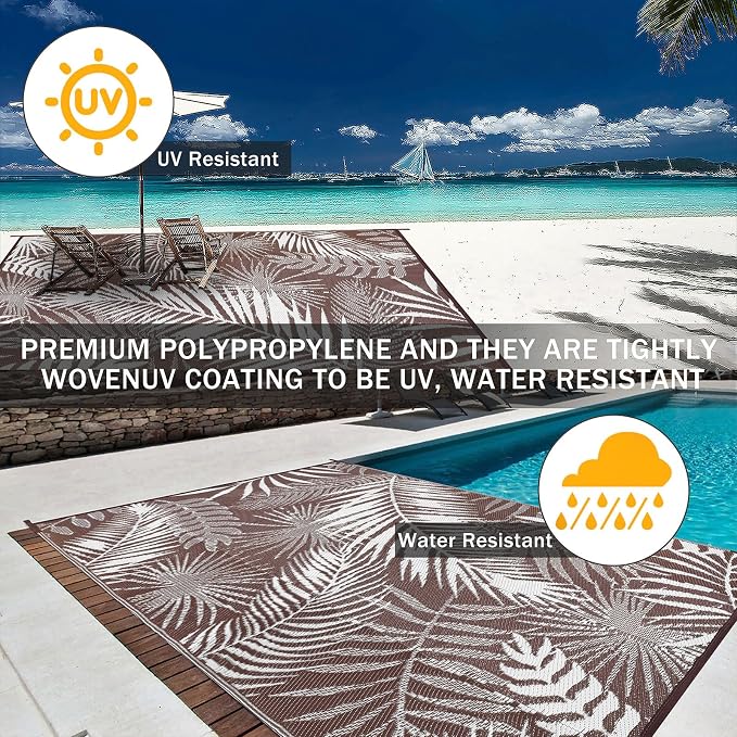 Outdoor Rugs 9'x12' for Patios Clearance Brown Reversible Outdoor Rug, Outdoor Plastic Straw Rug RV Camping Rug Large Outdoor Mat for RV, Patio, Backyard, Deck, Picnic, Beach, Trailer, Camping