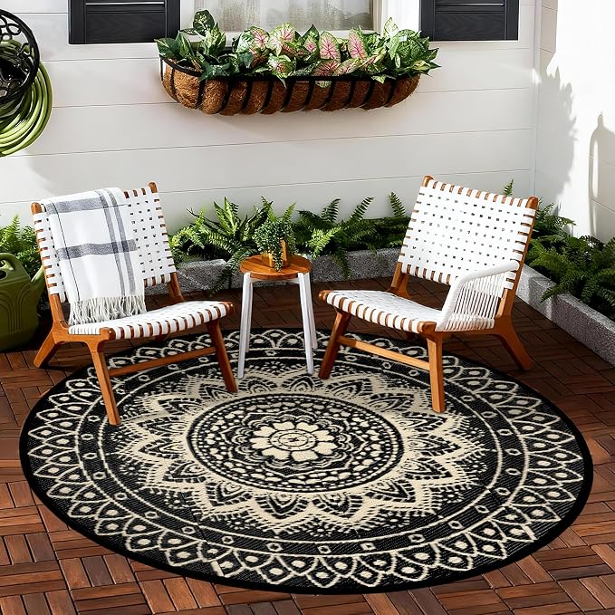 Round Outdoor Rugs for Patios, 5Ft Waterproof Reversible Plastic Straw Mat with Carry Bags, Boho Lightweight Outdoor Carpet Portable Round Floor Mat for Patio Camping Picnic Backyard RV,Black Camel