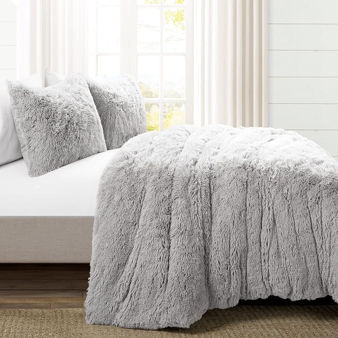 Lush Decor Emma Soft Fluffy Faux Fur Oversized Duvet Cover Set, King, Light Gray - Warm Plush 3 Piece Bedding Set