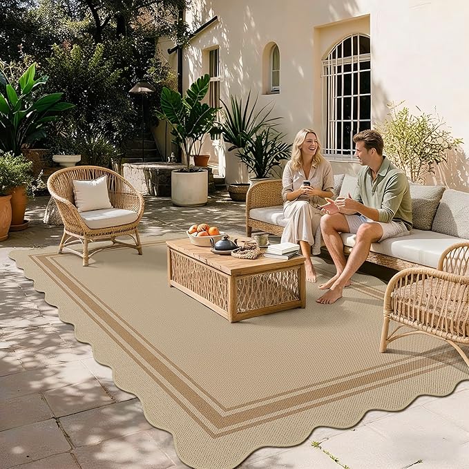 5x7 Scalloped Rug Easy Jute Washable Outdoor Patio Rug for Living Room Indoor Outdoor Tan Geometric Neutral Carpet for Backyard Patio Dining Room