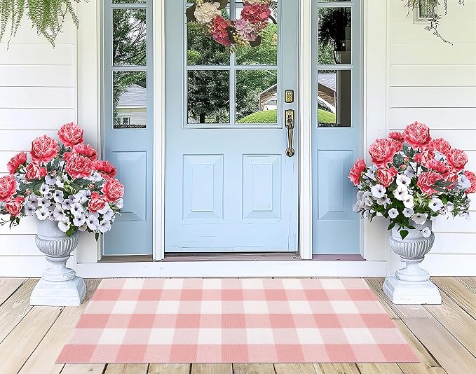 Pink and White Outdoor Rug 2'X4.3' Buffalo Plaid Checked Front Porch Rug Cotton Woven Washable Rug Layering Doormat for Welcome Door Mat Entryway Dining Room Bedroom Living Room