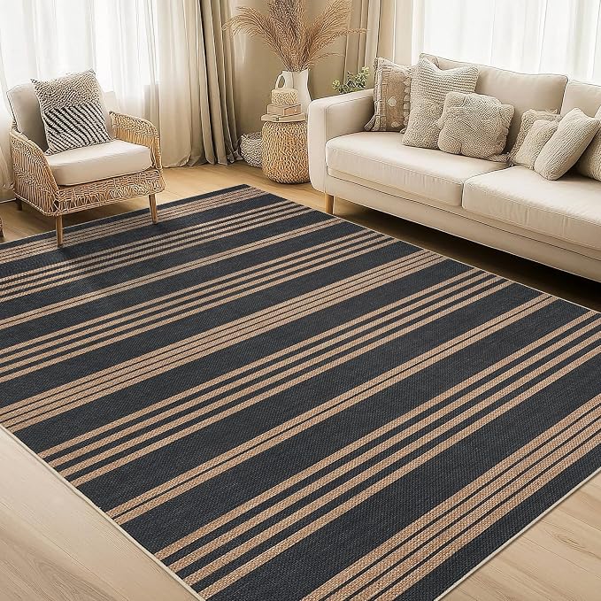 COZYLOOM Washable Living Room Rugs 9x12 Striped Easy Jute Rug with Non Slip Backing, Modern Stain Resistant Farmhouse Rugs for Patio Non Shedding Mats for Dining Room, Bedroom, RV, Black/Coffee