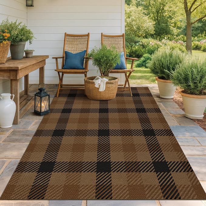 5x7 Farmhouse Mudroom Rug – Washable Non Slip Large Entryway Area Rug for Back Door, Garage Entrance, Durable Indoor Outdoor Style Plaid Rug for Kitchen Dining Room, Black and Tan