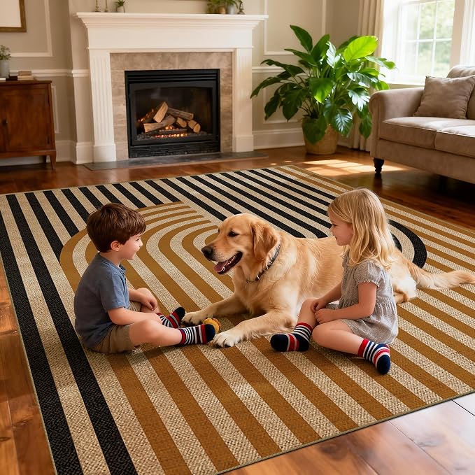 Washable Modern Easy Jute 5x5 Square Rug, Neutral Geometric Abstract Outdoor Indoor Patio Farmhouse Large Area Rug, Woven Non Slip Thin Carpet Mat for Living Dining Room Bedroom Classroom Kids