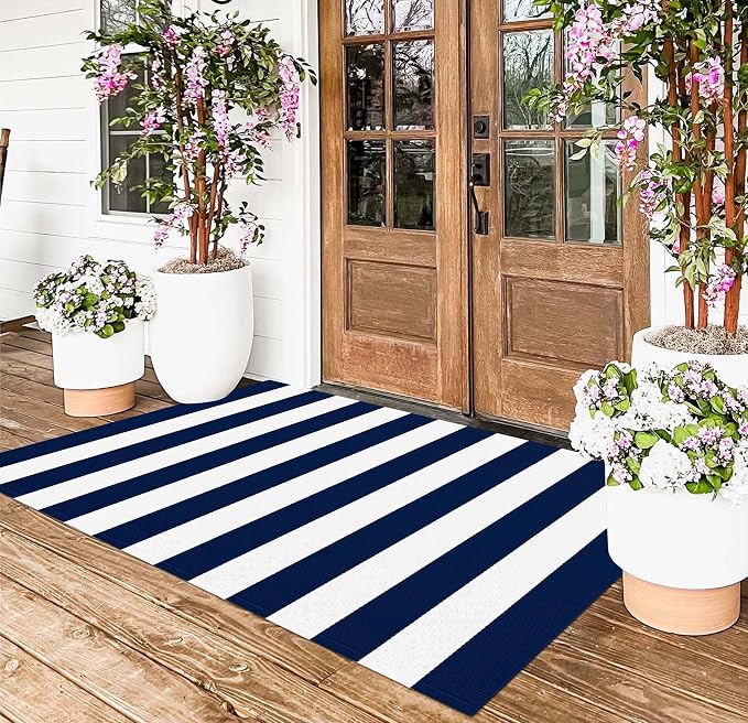 3'x5'Outdoor Rug,Striped Cotton Woven Washable Front Porch Rug Blue and White Farmhouse Entry Rug Indoor Outdoor Area Rug for Porch/Home Entrace Decor/Bedroom/Layered Door Mats