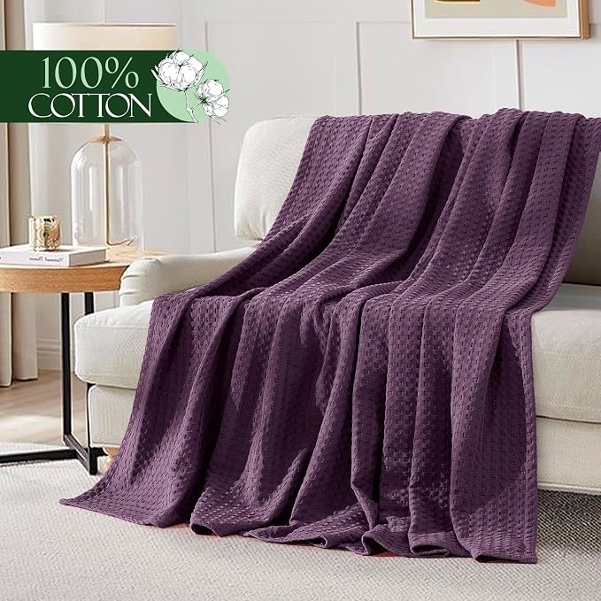Elegant Comfort Premium 100% Cotton Waffle Blanket - Lightweight Breathable Waffle Weave Bed Blanket - Soft and Warm All Season Blanket for Couch, Sofa and Bed, Full Size 88x88 Inches, Purple