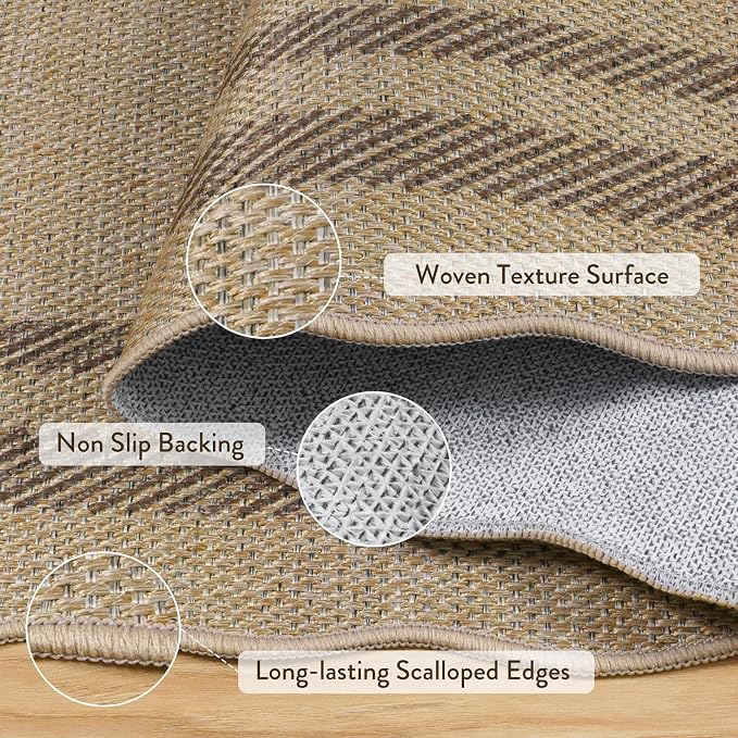 LIVEBOX Scalloped Washable 8x10 Rug, Easy Jute Tan Rug for Living Room, Indoor Outdoor Patio Non Slip Rugs for Bedroom, Geometric Farmhouse Dining Room Mat Modern Carpet Area Rug for Home Office Decor