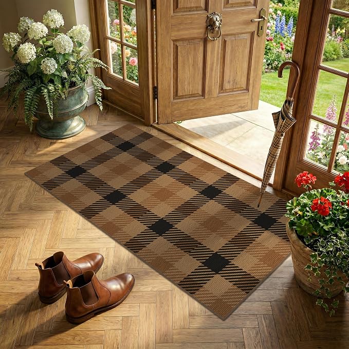 2x4 Entryway Door Mat Indoor Outdoor– Washable Non Slip Small Rug for Front Door, Back Door, Kitchen Sink, Mudroom, Garage Entry, Low Profile Easy Clean Farmhouse Cottage Plaid Runner