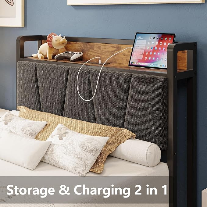 LIKIMIO Twin XL Bed Frames, Storage Headboard with Charging Station, Solid and Stable, Noise Free, No Box Spring Needed, Easy Assembly