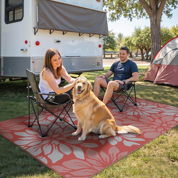 GENIMO Outdoor Rug, Waterproof Plastic Rugs for Patio, 9'x12' Red Grey | Outside Larger Leaf Carpet Mat for Porch Decor, Deck, Balcony, Camping, RV, Backyard, Picnic, Beach, Reversible, Foldable