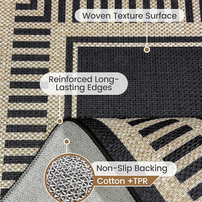 Washable Striped Easy Jute Runner Rug 2x6, Black Modern Geometric Outdoor Indoor Patio Bordered Rug, Woven Non Slip Thin Neutral Long Runner Carpet for Hallway Kitchen Entryway Porch Farmhouse