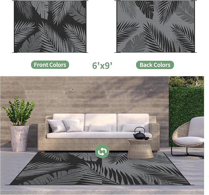 GENIMO Outdoor Rug, Waterproof Plastic Rugs for Patio, 6'x9' Black Grey | Outside Larger Leaf Carpet Mat for Porch Decor, Deck, Balcony, Camping, RV, Backyard, Picnic, Beach, Reversible, Foldable