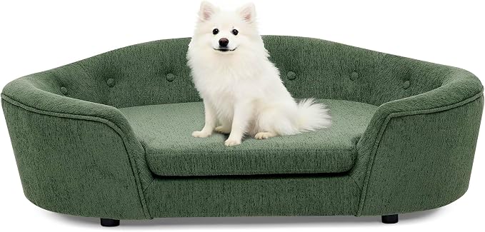 Dog Couch Bed with Oval Semi-Enclosed, Durable Linen Material Pet Sofa with Soft Foam Cushion, Dog Sofa Bed with Legs for Medium Dogs, Green