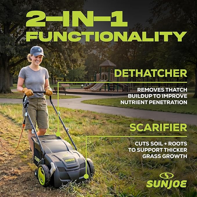 Sun Joe Electric Dethatcher & Scarifier, Corded, with 8-Gal Bag, 12.6-Inch Cutting Width, 12-Amp Motor - Heavy-Duty Yard Trimmer for Lawn Maintenance, AJ801E | 12.6-Inch Cutting Width, 12-Amp Motor - Heavy-Duty Yard Trimmer for Lawn Maintenance