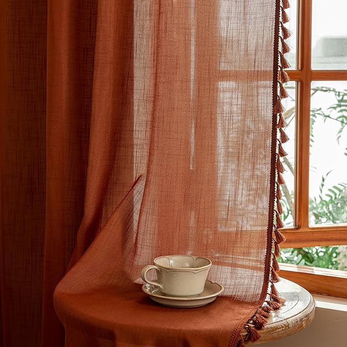 MYSKY HOME Boho Country Room Decor Long Curtains for Living Room,Light Filtering Privacy Protect Semi Sheer Macrame Curtains for Sliding Glass Patio Doorways, 50" x 90", Terracotta, 2 Panels