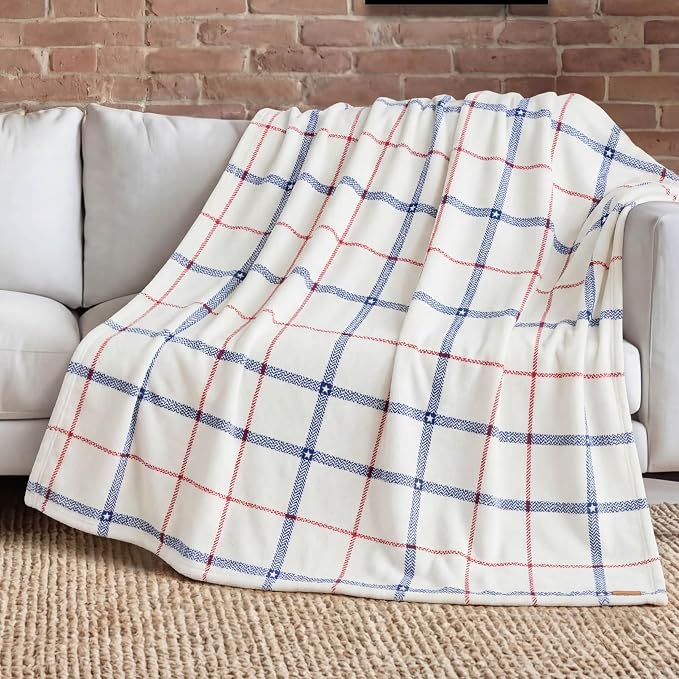 Lucky Brand 50" x 70" Plush Throw Blanket, Ditsy Star Plaid White Blanket for Sofa or Bed