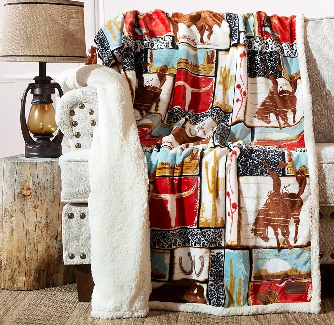 Carstens, Inc. Wrangler Ultra Premium Super Soft Plush Sherpa Fleece Oversized Throw Blanket 54" x 68", Vintage Western