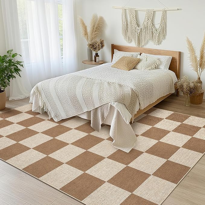 GarveeHome Easy Jute Area Rugs 6x9 for Living Room Non-Slip Backing Checkered Rugs Machine Washable Modern Indoor Outdoor Carpets for Dining Room Nursery Patio Bedroom Backyard Camping Brown