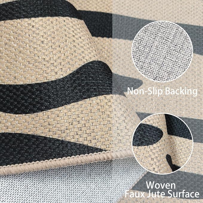 Easy Jute Rug 2.6x5Ft Half Round Zebra Stripe Carpet for Farmhouse Bedroom Entrance, Nonslip Half Circle Thin Neutral Floor Mat for Living Room Patio Kids Room Kitchen, Indoor Outdoor, Black 5