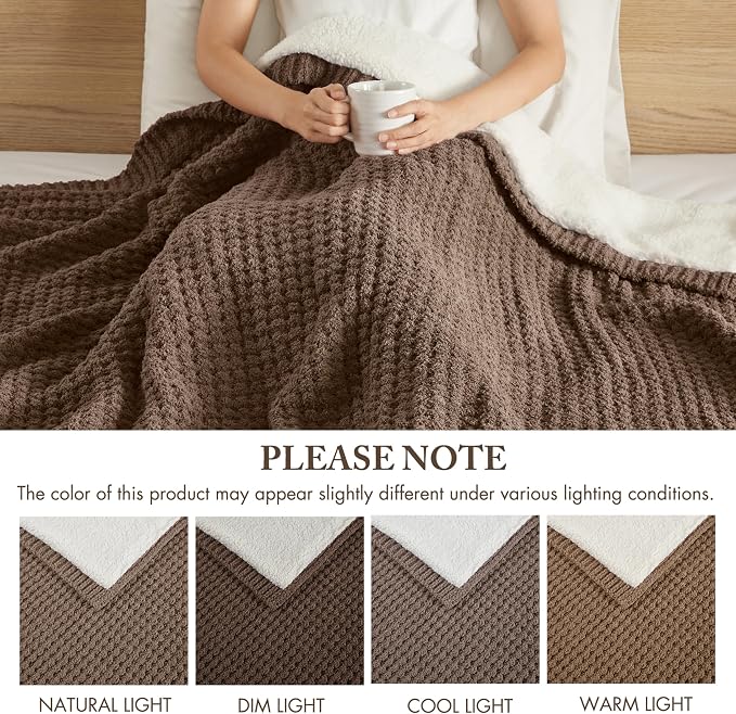 Madison Park Rowan Sherpa Throw Blanket Waffle Weave, 50 x 60, Brown | Cozy Warmth for Sofa or Bed, Reversible, Lightweight, Farmhouse, OEKO-TEX Certified