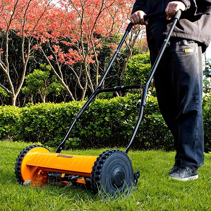 Walensee 16-Inch Manual Lawn Mower, 5-Blade Push Reel, 4 Heights | Precision-Ground Alloy-Steel Blades Make Clean Scissor-Like Cuts, With Quiet Cordless Operation For Small Lawns