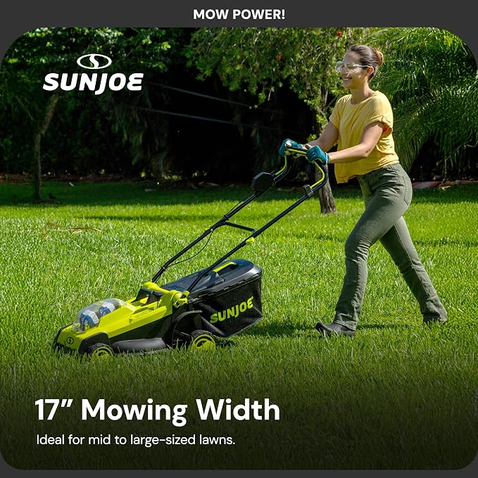 Sun Joe Cordless Electric Push Lawn Mower with 6-Position Height Adjustment, 11-Gal Bag, 17-Inch Cutting Width - Heavy-Duty Yard Trimmer for Gardening Care and Maintenance, 24V-X2-17LM | 670W Brushless, 17 Deck, 6-Position Height, 11-Gal Catcher, Inclu...