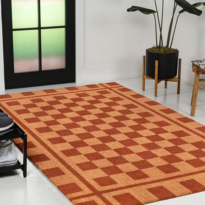 JONATHAN Y Checkerboard Coir Indoor Outdoor Doormat 5X8 Natural/Red, Harper Classic Farmhouse for Living Room, Bedroom, Kitchen, Easy-Cleaning, High Traffic, Pet-Friendly, Non-Shedding NRF109A-5