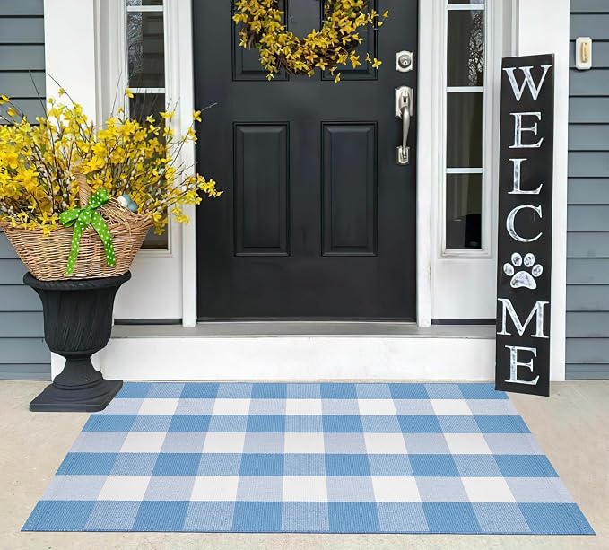 Blue and White Layered Doormat 27.5''x 43.3''Buffalo Plaid Outdoor Rug Cotton Woven Washable Farmhouse Door Mats Outdoor for Hello/Welcome Mat,Entryway,Bedroom,Patio