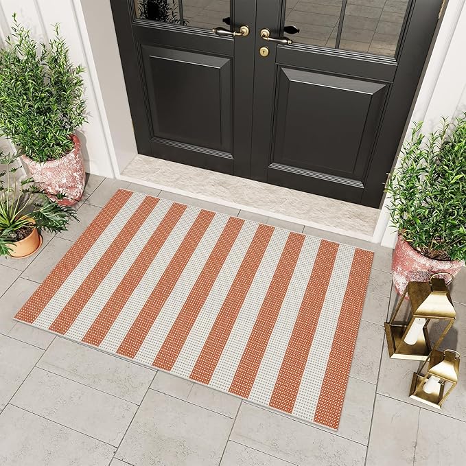 OJIA Outdoor Mat Orange Outdoor Rug 3'x5' Fall Welcome Mats for Front Door | Door Mat Outside Entrance Front Door Rug Washable Entryway Rugs Striped Indoor Outdoor Rugs Doormat for Patio Porch Decor