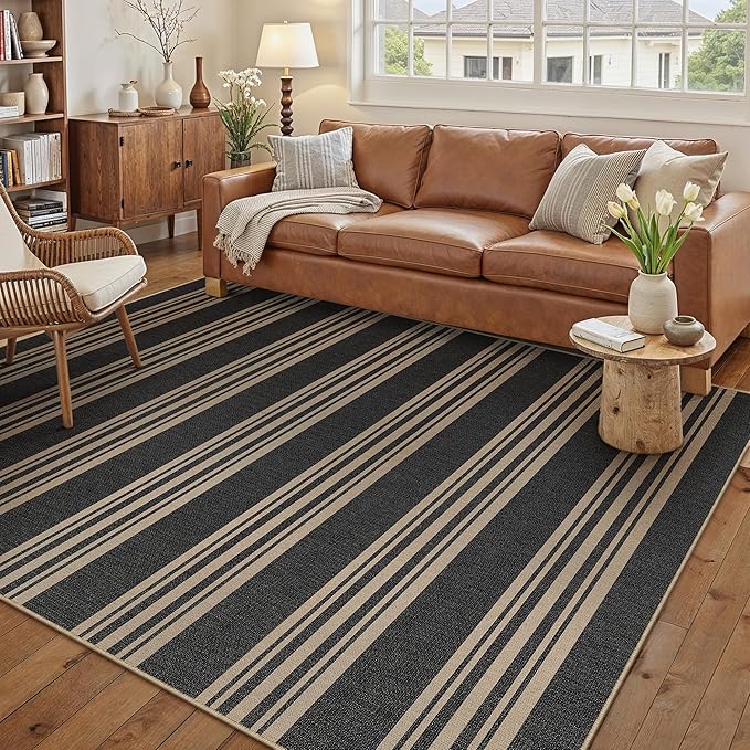PureCozy Striped Easy Jute Rug 6x9 Black Living Room Carpet Washable Non Slip Bedroom Rug Farmhouse Neutral Non Shedding Indoor Outdoor Large Carpet for Dining Room Under Table Office