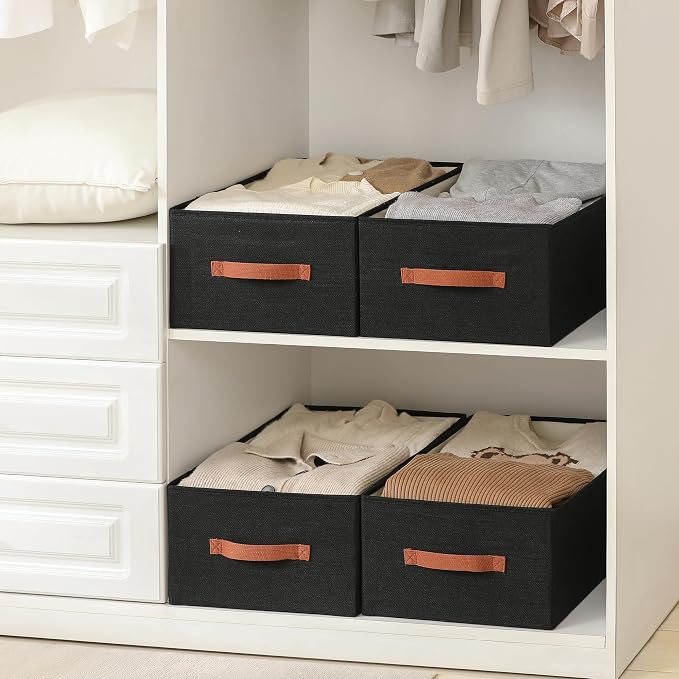 linen closet organizers and storage, 3 Pack Large Storage Baskets, Washable, Clothing Storage Bins with Handle, Closet Organizer for Storage Sweater,Sheets (Black, 18½"x13½"x8½")