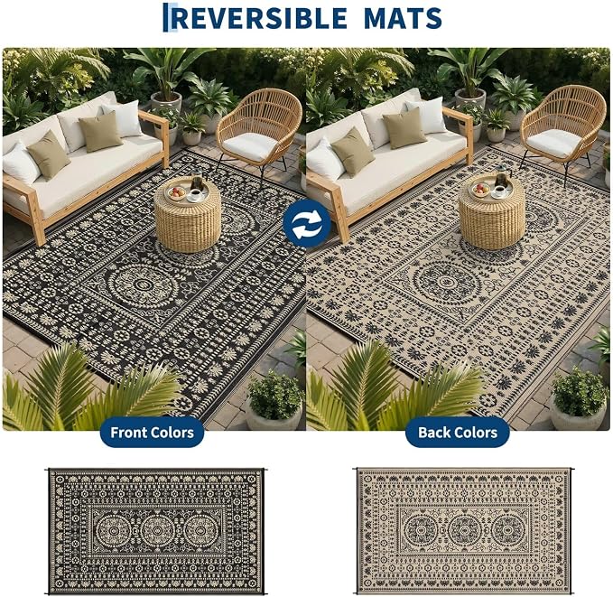 Garvee Reversible Outdoor Rug 6x9 for Patio, Waterproof Outdoor Area Rug, Modern Medallion Indoor Outdoor Rugs, Plastic Straw Rug for RV, Camping, Deck, Vintage Brown