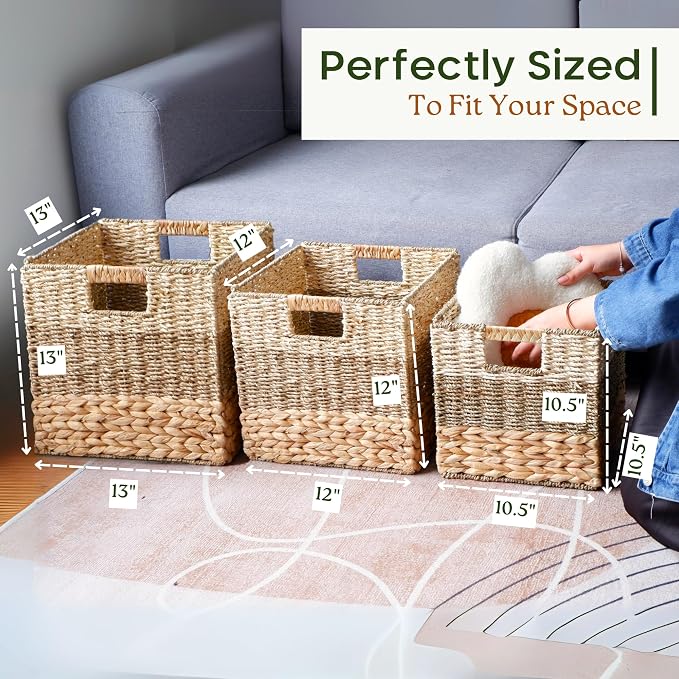 CHI AN HOME 11x11 Wicker Storage Cubes Storage Baskets For Shelves Set 4 | 10.5 x 10.5 Water Hyacinth Storage Baskets Woven With Seagrass, Palm Leaf. Foldable Square Baskets With Carry Handles