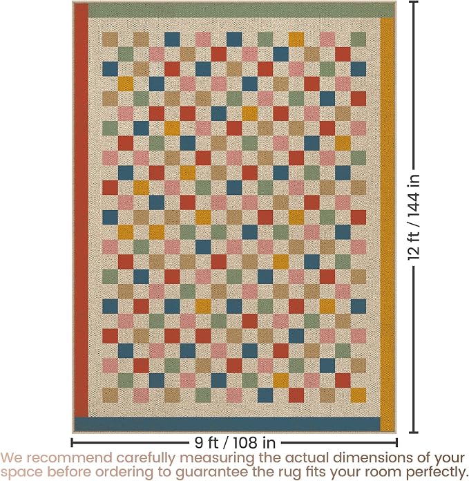 Washable Checkered Easy Jute Rug, 9x12 Colorful Rainbow Checkerboard Boho Outdoor Indoor Patio Area Rug, Low Pile Lightweight Non Slip Carpet Mat for Living Room Dining Bedroom Classroom Backyard Kids