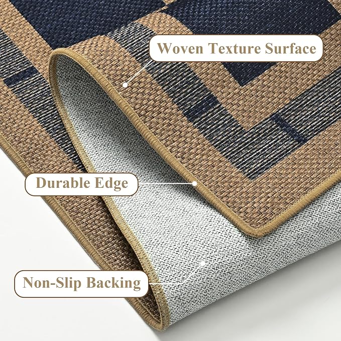 Vasofe 2x6 Jute Checkered Rugs, Outdoor Runner, Runner Carpet for Hallway | Washable PatPorch Balcony Runner Rug Indoor Bedroom Kitchen Laundry Mat, Non Slip Plaid Farmhouse Carpets, Navy and Brown
