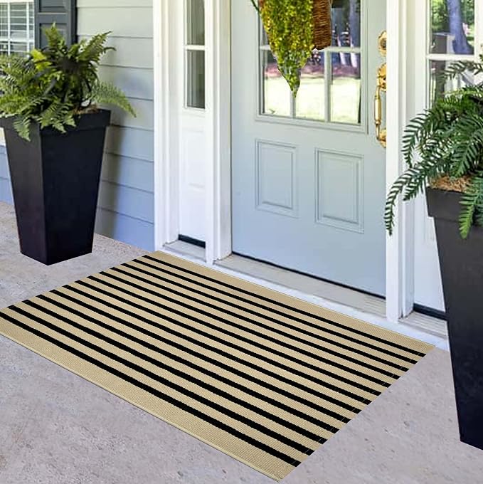 Front Door Mat Outdoor 24"x51",Tan and Black Striped Porch Rug Cotton Woven Washable Indoor Outdoor Layered Doormat Farmhouse Small Area Rug for Porch/Entryway/Home Entrance Decor
