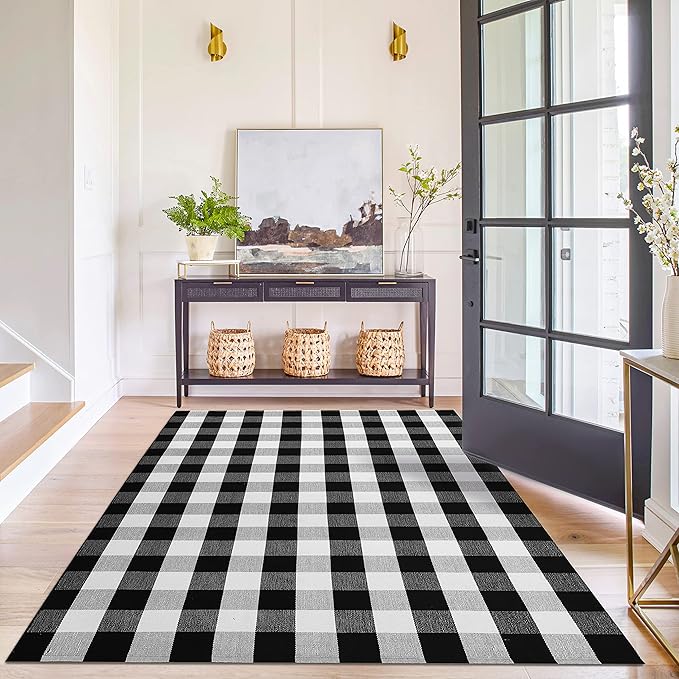 KILOCOCO Buffalo Plaid Checkered Rug 5x7 ft Black White Living Room Rug | Machine Washable Rug for Front Porch, Indoor Outdoor Rugs, Cotton Dining Room Carpet, Low Pile Farmhouse Bedroom Rug