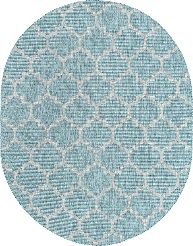 Unique Loom Outdoor Trellis Collection Area Rug (7' 10" x 10' Oval, Aquamarine/ Gray)