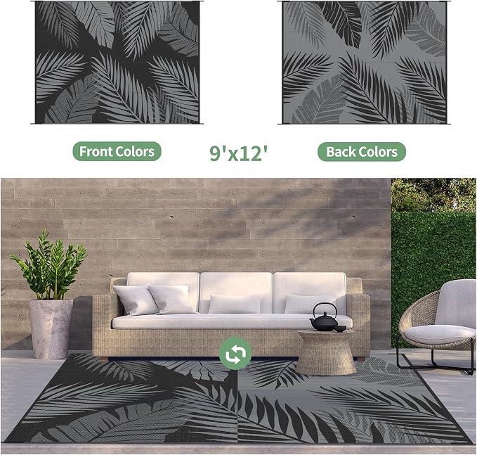 GENIMO Outdoor Rug, Waterproof Plastic Rugs for Patio, 9'x12' Black Grey | Outside Larger Leaf Carpet Mat for Porch Decor, Deck, Balcony, Camping, RV, Backyard, Picnic, Beach, Reversible, Foldable
