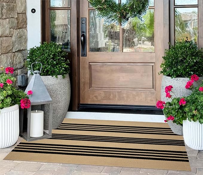 Striped Outdoor Rug 24"x51",Tan and Black Layered Doormat Cotton Woven Washable Indoor Outdoor Porch Rug Farmhouse Small Area Rug for Porch/Entryway/Home Entrance Decor
