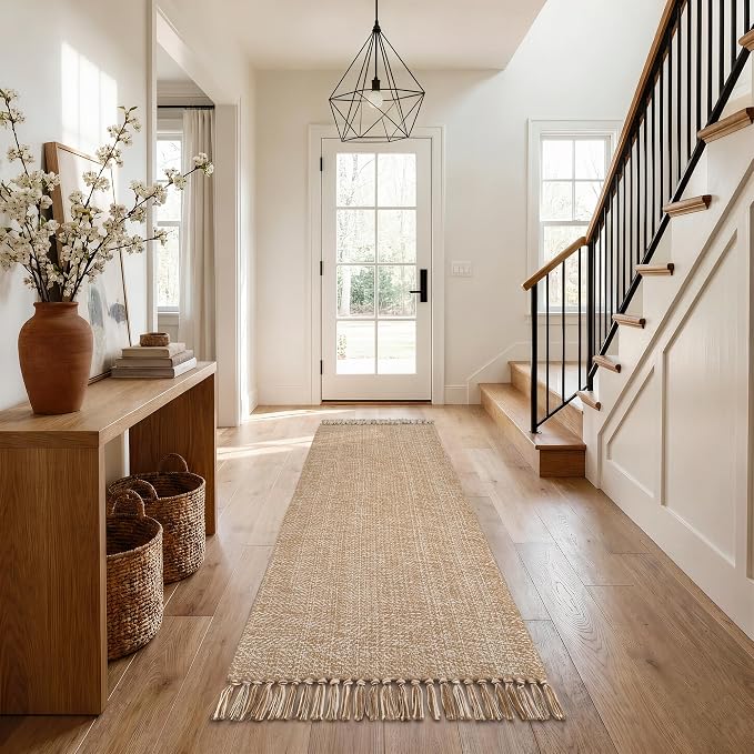 Collive Boho Hallway Runner Rug, 2.6' x 7' Washable Bathroom Mats Modern Farmhouse Braided Kitchen Runner Rugs, Tan Hand Woven Entry Hall Carpet for Laundry Bedroom Decor