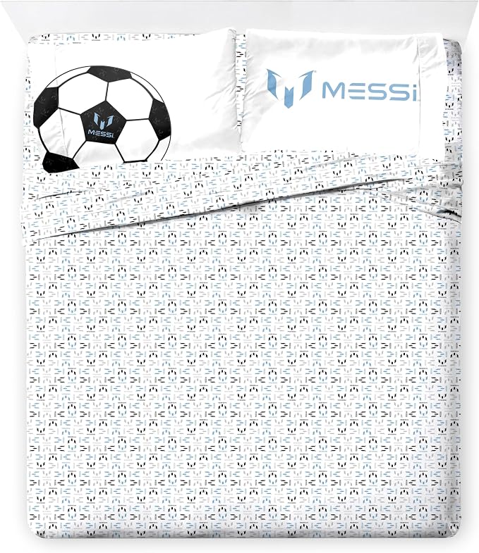 Jay Franco Kids Comforter Set Includes Sheets and Pillow Cover - Soft and Cozy Bed Set for Stylish Room Décor, White - Messi, 7 Piece Full