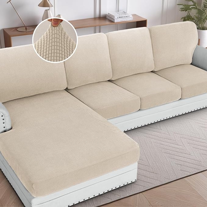 H.VERSAILTEX Sectional Couch Covers 8 Pieces Stretch Sofa Covers for Sectional Sofa Set Separate L Shaped Couch Cover for Both Left/Right Couch (Seat and Back: 1 Chaise + 3 Sofa, Natural)