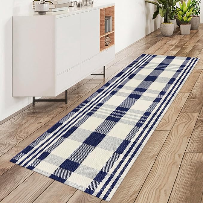 Buffalo Plaid Runner Rug Navy and Off White 2x6 Hallway Cotton Woven Rug Farmhouse Checkered Runner Rug Washable Runners for Entryway Kitchen Laundry Room Bedroom Living Room