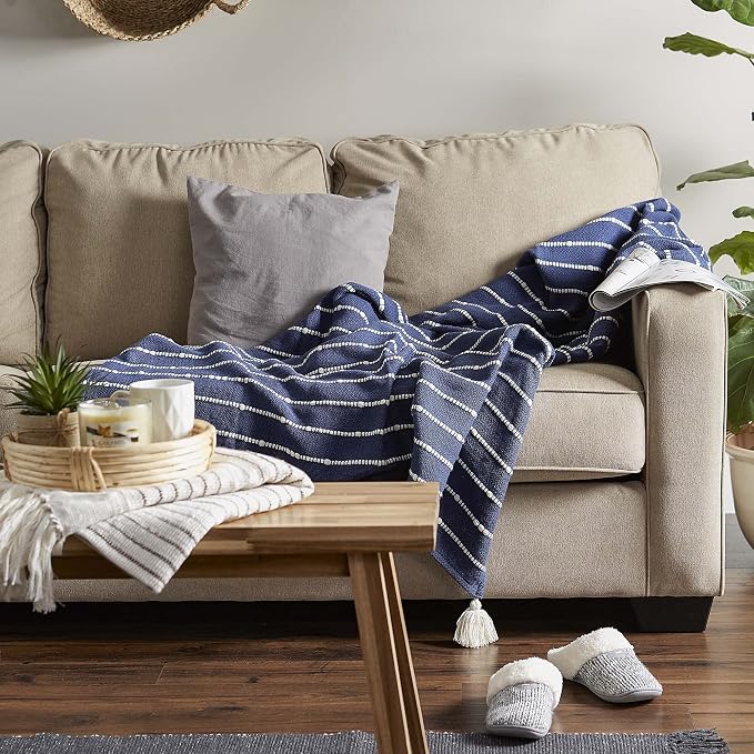 DII Striped Throw Collection Cotton Slub, Hand-Tied Tassels, 50x70, French Blue & Off-White